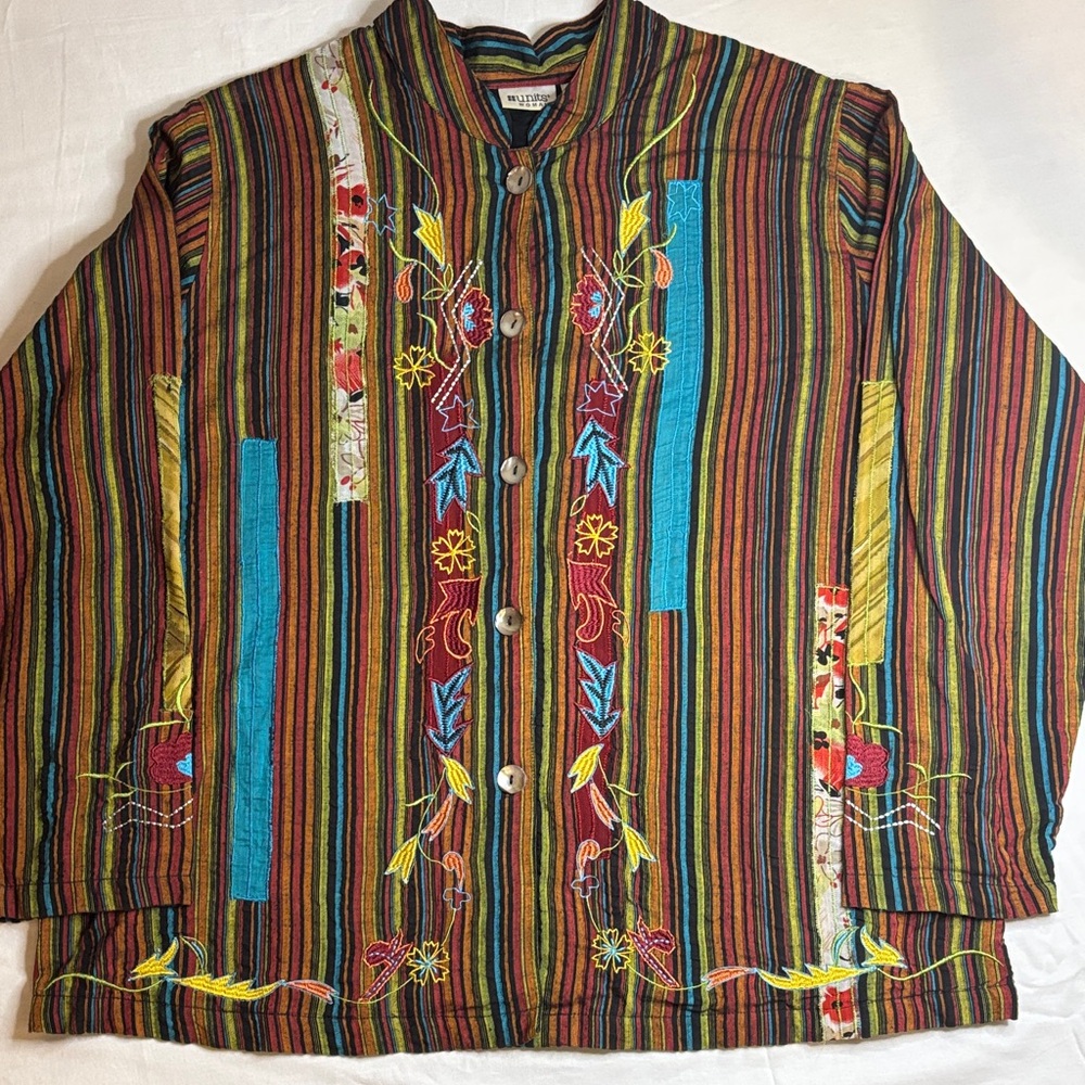 Boho Art to Wear Embroidered Striped Mandarin Collar Cotton Jacket Size 1X
